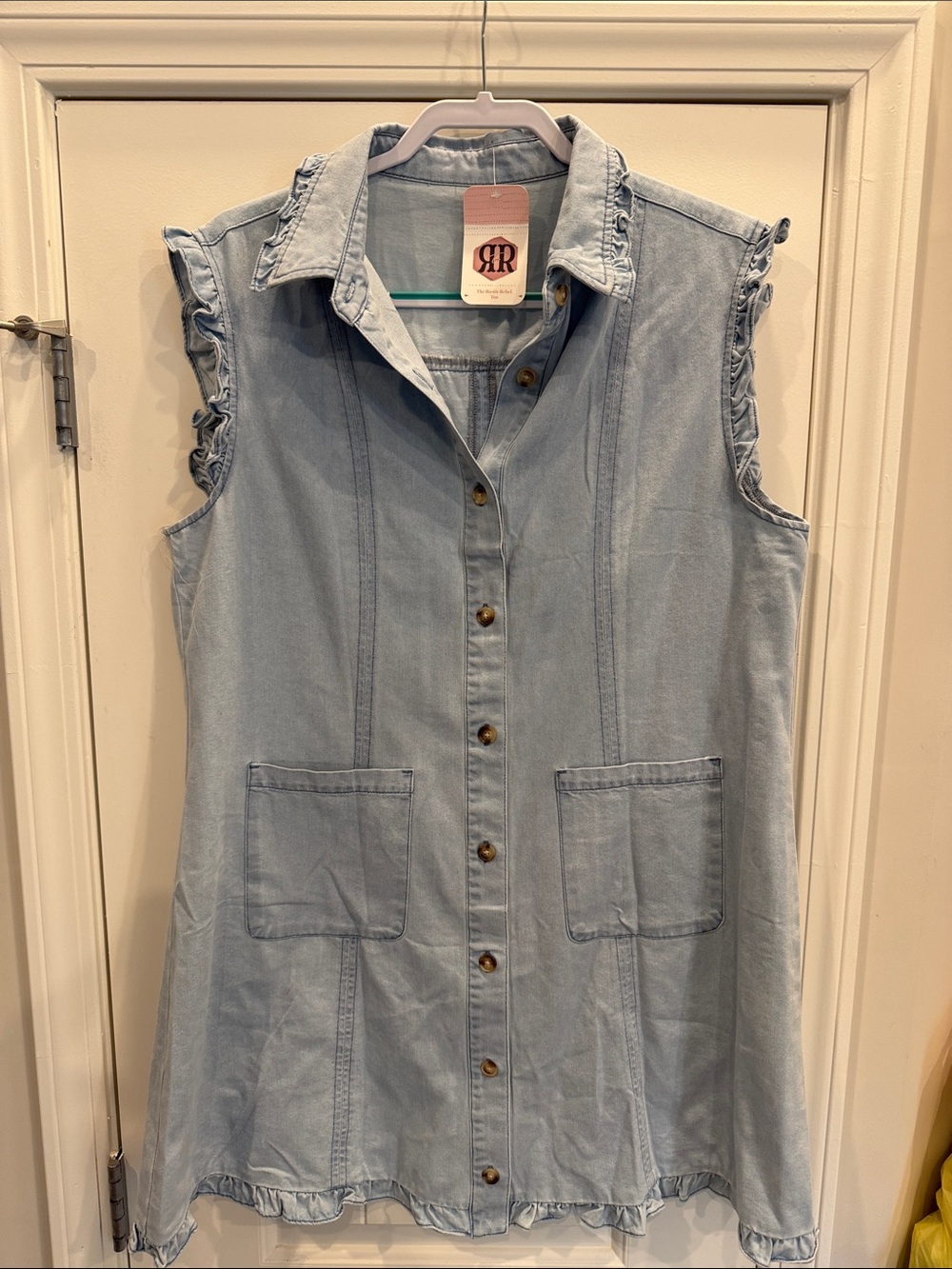 Sleeveless Light Wash Denim Button-Up Dress with Ruffle Trim